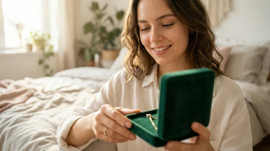 Žena sa osmehom otvara kutijicu i oduševljeno gleda personalizovani poklon u vidu zlatne ogrlice.