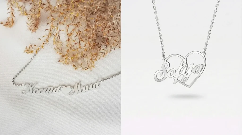 Personalizovani poklon – Carrie ogrlica sa imenom izrađena na ćirilici i latinici, prikazana uporedno kao primer unikatnog nakita sa ličnim značenjem