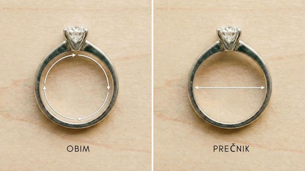 Prikaz razlike između obima i prečnika prstena – obim označen kružnom linijom, a prečnik pravom linijom kroz centar prstena