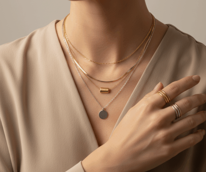 Primer kombinovanja zlata i srebra kroz slojevite ogrlice u nenametljivom stilu