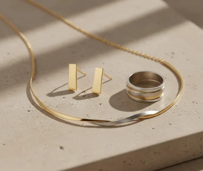 Primer kako zlato i srebro mogu biti kombinovani u minimalističkom nakitu