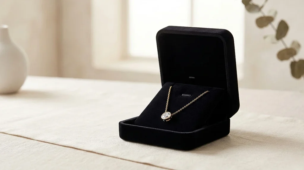 zlatna ogrlica u luksuznoj poklon kutiji kao primer nakita kao poklona