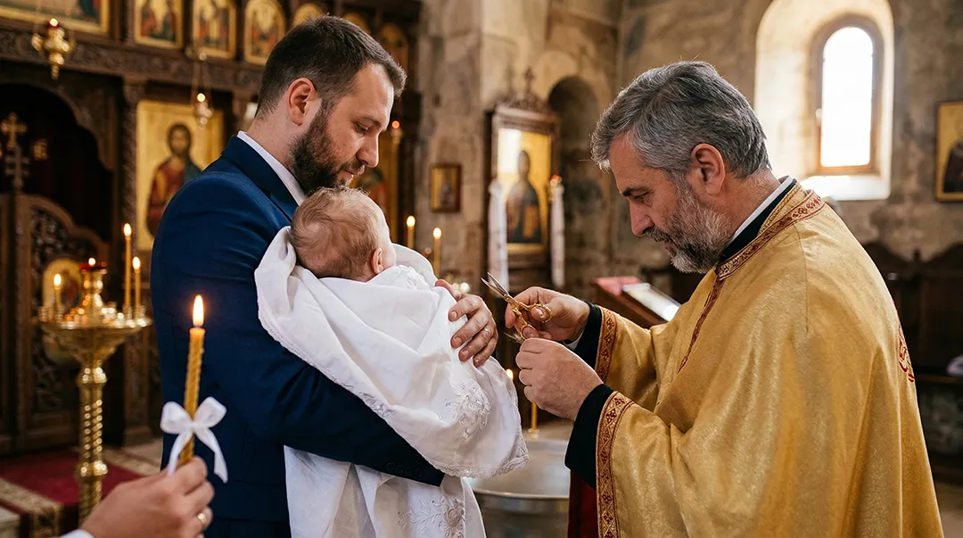 pravoslavno krštenje kum drži dete u crkvi