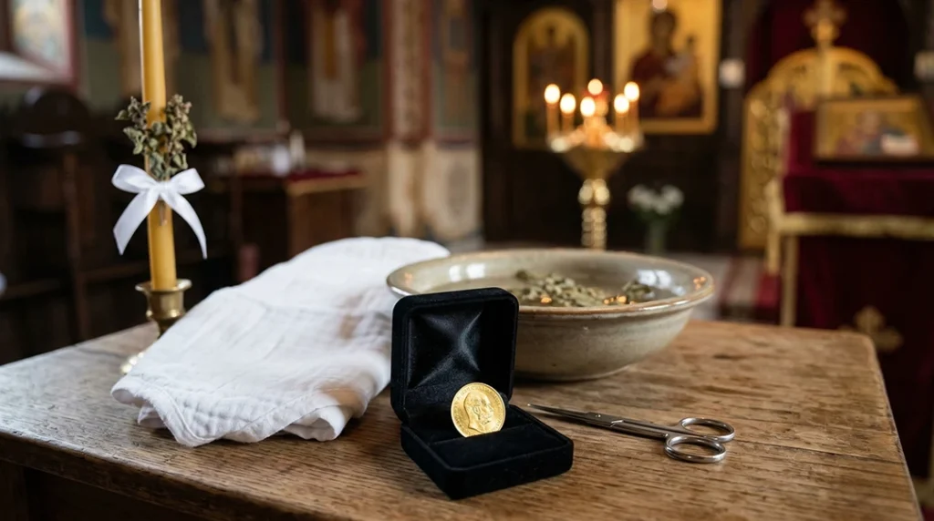 oprema za pravoslavno krštenje belo platno bosiljak makazice krstić