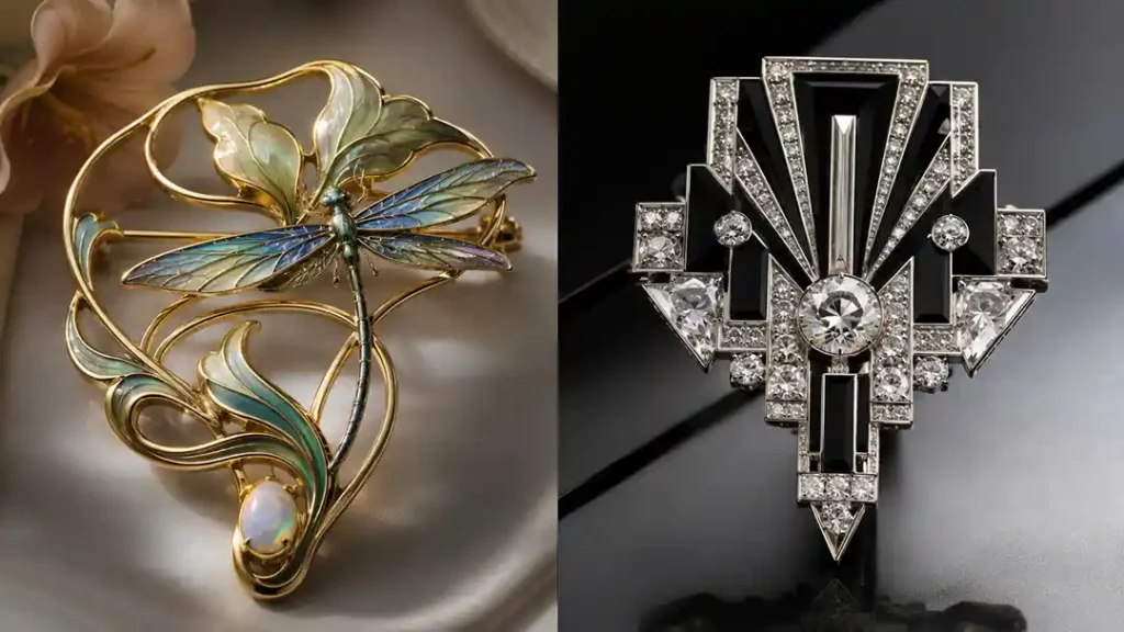 Poređenje Art Nouveau nakita sa organskim linijama i geometrijskog Art Deco nakita
