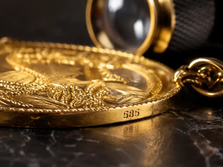 Krupni plan zlatnog medaljona sa oznakom finoće zlata 585