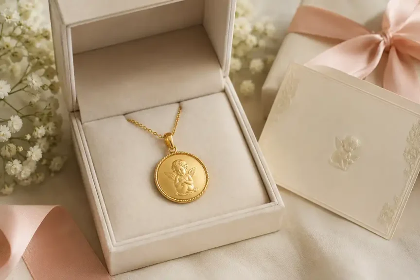 Zlatni poklon-dukat sa motivom anđela u elegantnoj kutiji za nakit